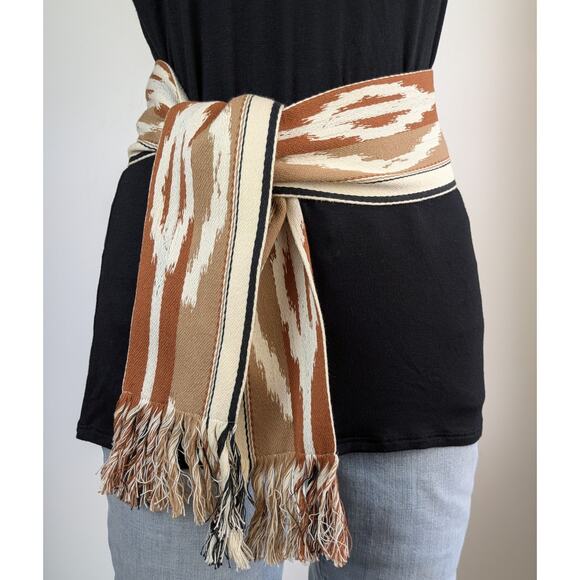 Southwestern Woven Aztec Ikat Fringed Belt Sash Small Cream Brown Boho Western - Picture 2 of 7